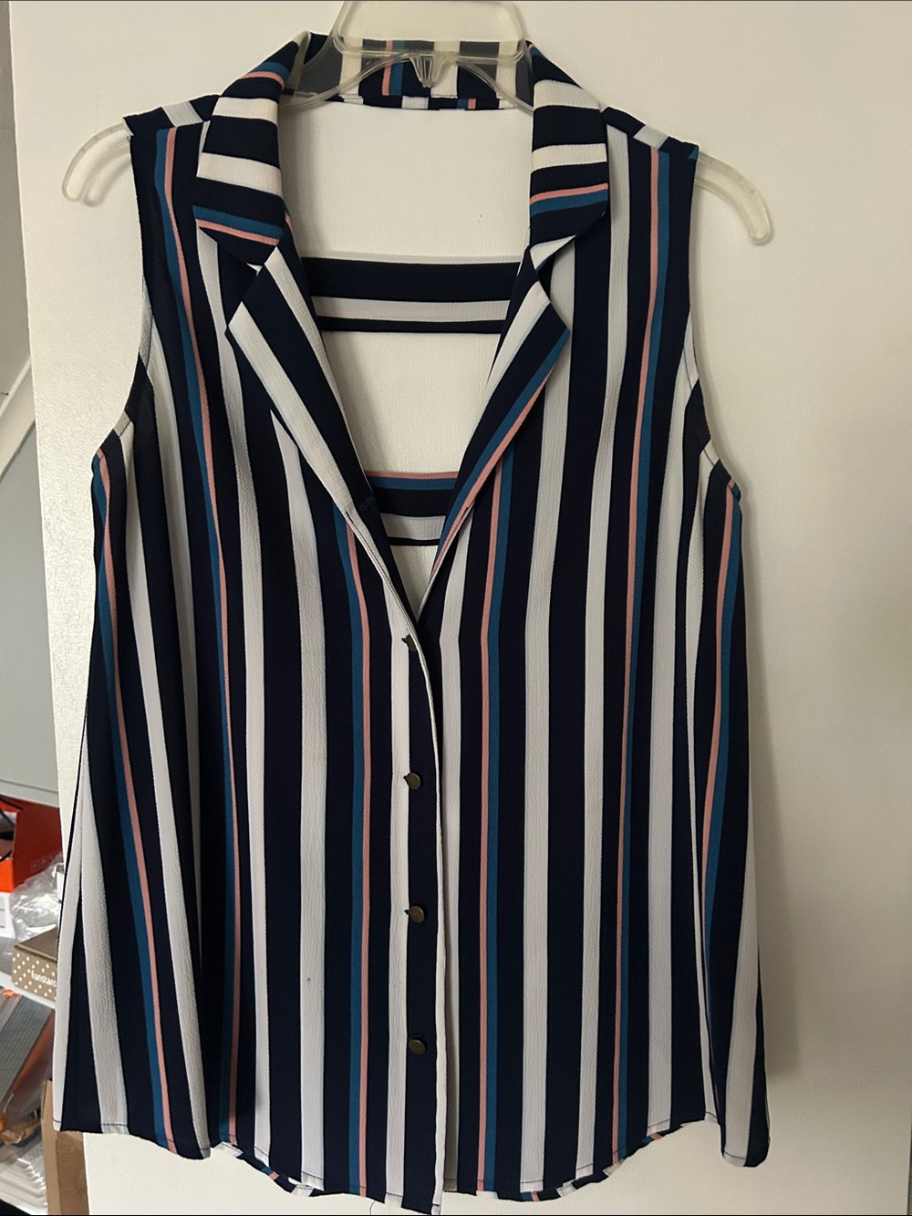 Pixley Sleeveless Vertical Striped Button-Front Top in Navy, White, Pink & Blue
